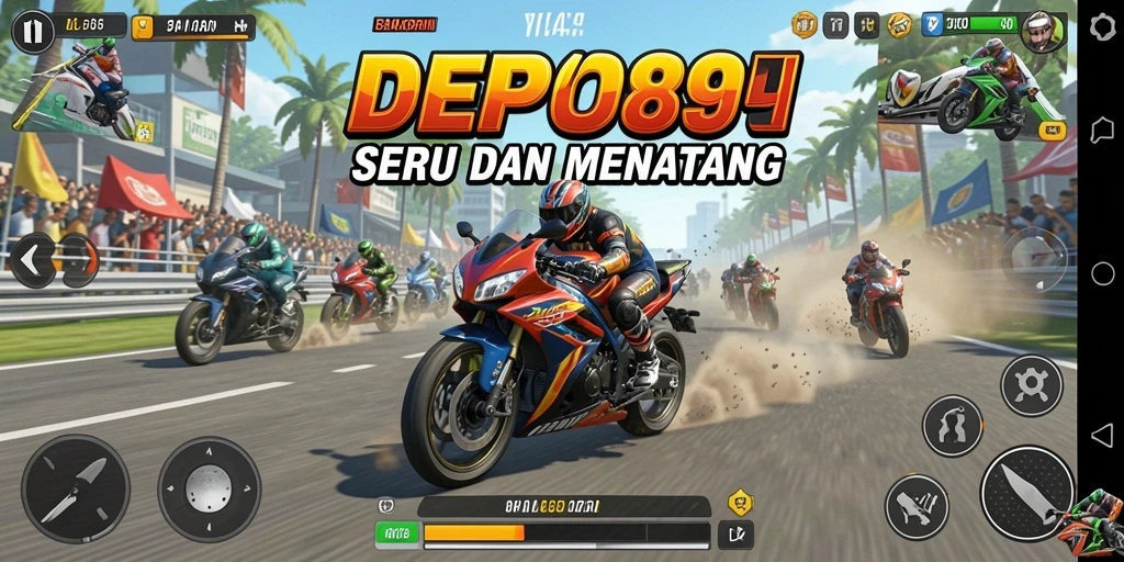 Screenshot gameplay DEPO89 dengan aksi balapan motor yang intens.